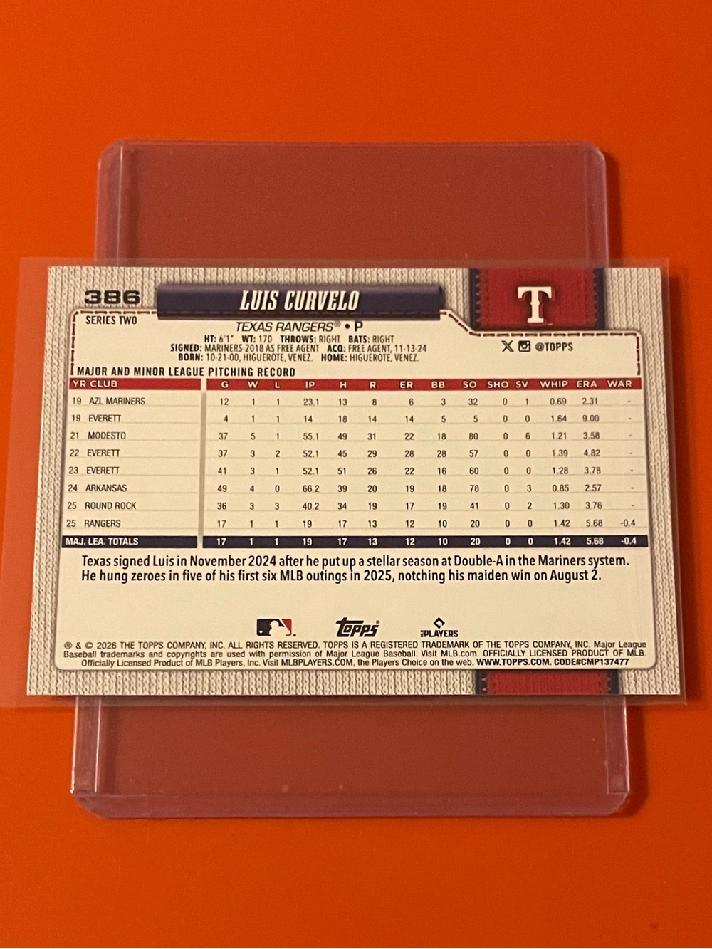 Luis Curvelo #386 [Rookie] 2026 Topps Series 2 Baseball Trading Card - Picture 2 of 2